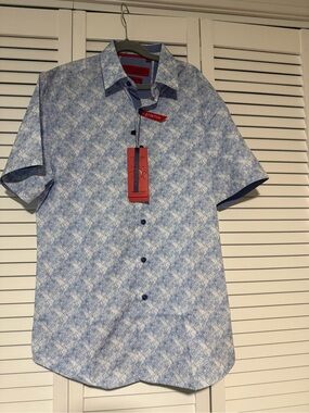 American Breed Men's Blue Woven Button-Up Shirt S Short Sleeve Casual Geometric